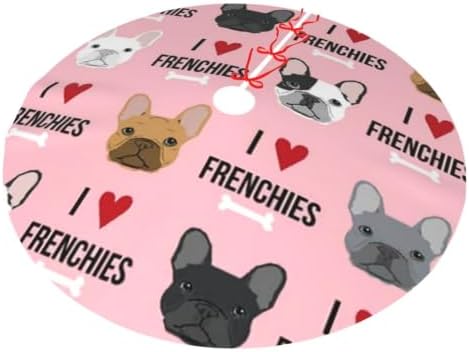 Christmas Tree Skirt, Soft Polyester Xmas Tree Skirts with Ribbon Ties, Rustic Farmhouse Holiday Party Decorations I Love Frenchies French Dog Design 36"