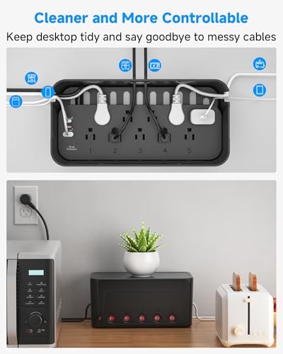 Power Strip with Cable Management Box, Large Cable Organizer Box, Black | Power Strip Box with 10 AC and 3 USB,6 ft Flat Plug Extension Cord,Outlet Hider Charging Station,Hidden Desk Cord Organizer