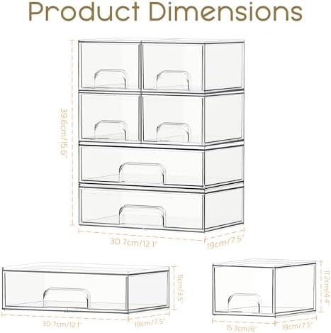 Criusia Stackable Storage Drawers, 6 Pack Clear Plastic Makeup & Bathroom Organizer, Versatile Storage Bins for Vanity, Under Sink, Kitchen Cabinets & Pantry