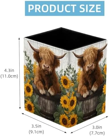 Highland Cow Pen Holder for Desk Decor, Rectangular PVC Leather Pencil Cup for Desk Pen Organizer, Makeup Brush Holder for School, Home, Office