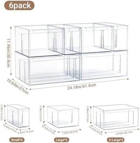 Clear Plastic Storage Bins with Dividers for Fridge Pantry Organizers and Storage Containers, 6 Pack Large Acrylic Stackable Sturdy Storage Boxes for Home Edit and Cabinet Organizers C6-4
