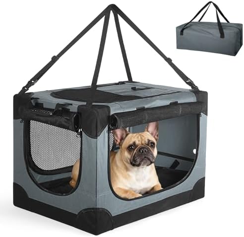24 Inch Collapsible Soft Dog Crate for Small Dogs, Travel Dog Crate Grey | Portable Dog Crate Soft Sided, 4-sided Mesh Vents, Foldable with Storage Bag, Fit Small Dogs & Large Cats, Indoor/Outdoor