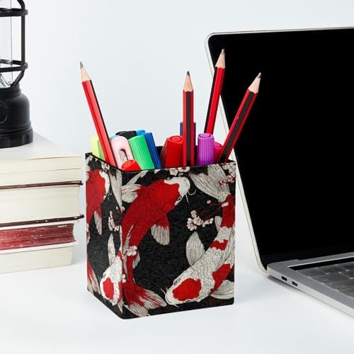 Lucky Fish Pen Holder for Desk Decor, Rectangular PVC Leather Pencil Cup for Desk Pen Organizer, Makeup Brush Holder for School, Home, Office