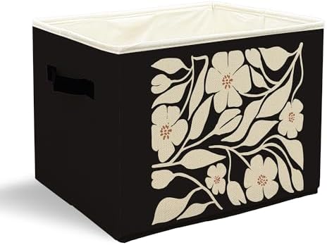 Boho Black and Beige Floral Storage Bins with Handles, Abstract Boho Neutral Flower Botanical Collapsible Laundry Basket Storage Box for Home Bedroom Bathroom Clothes Toys Books