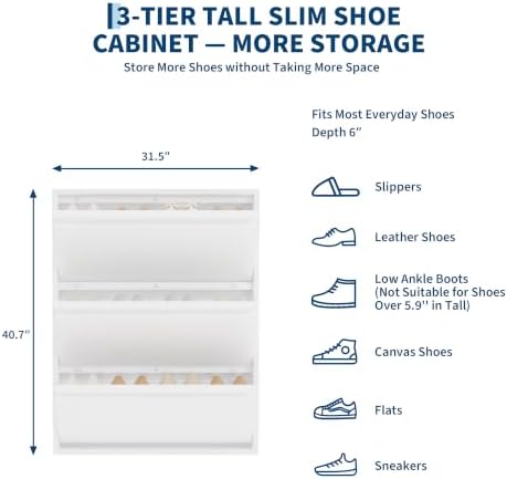 Garvee Slim Metal Shoe Cabinet with 3 Flip Drawers for Entryway, White | Narrow Shoe Storage, Wall Mounted or Floor Standing, Detachable Bottom Corners for Flexible Placement, Anti-Tip Wall Mount