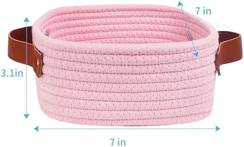 ABenkle Small Storage Basket, Mini Baskets, Cute Rope Woven Baskets for Organizing, Square Shelf Storage with Handle, Boho Decorative Toy Bin for Nursery, Spa, Empty Gift Basket - XS, Pink
