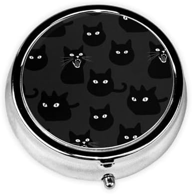 Travel Pill Organizer, Small Round Case with Mirror, Portable Pill Box for Fish Oil Vitamins, Pocket Purse Carry for Commuters, Black Cat