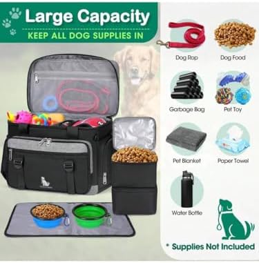 Premium Large Dog Travel Bag Weekend Pet Supplies Organizer Kit with 2 Extra Large Food Containers 2 Collapsible Bowls 1 Feeding Mat Multi Pocket (Black)