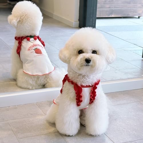 Cute Strawberry Dog Tank Top, Ruffled Edge Pet Clothes for Small Dogs Cats, Adorable Puppy Apparel with Cherry Decoration (Large)