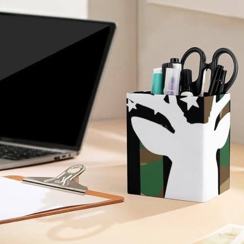 Office Pen Holder Desktop Stationery Organizer Makeup Brush Cup For Women Hunting Deer Camo Camouflage American Flag Black