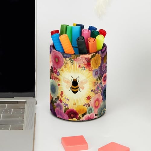 Faux Leather Pen Holder for Desk, Pencil Organizer Bee Pen Cup Desk Decor Makeup Brush Holder Storage for Office Home