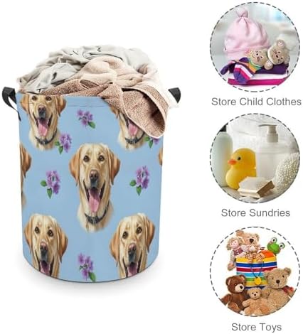 Portable Waterproof Hamper Floral Yellow Labrador Dog Pet Painting, Foldable Laundry Basket with Handles for Bedroom, Bathroom, and Clothes Storage