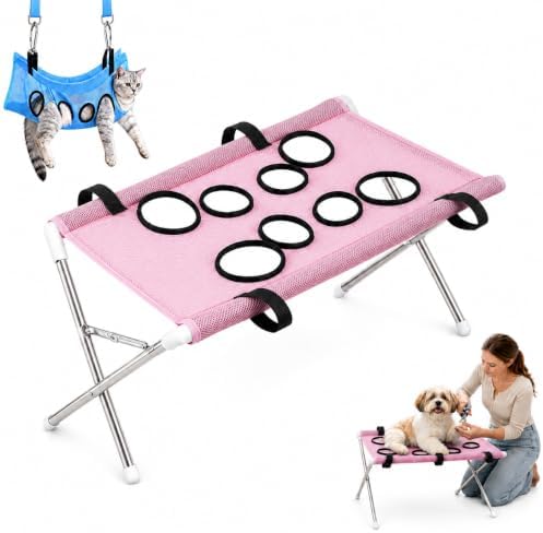 2-in-1 Foldable Pet Grooming Bed, Pet Shower Hammock with Stand (Pink) | Dog Washing Hammock, Dog Bath Chair, Quick Dry Mesh Table, Secure Support Strap, Multifunctional Holder for Bathing, Haircuts
