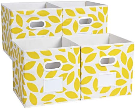 MAX Houser 4 Pack Foldable Fabric Storage Bins with Plastic Handles, Yellow | Collapsible Space-Saving Fabric Cube Storage Organizer Bins, Non-Woven Fabric with Reinforced Grommet Handles