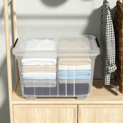 30 L Stackable Storage Bins with Lids, Clear Plastic Storage Containers, Stackable Organization Boxes with Secure Latching Lids/Wheels, Set of 4