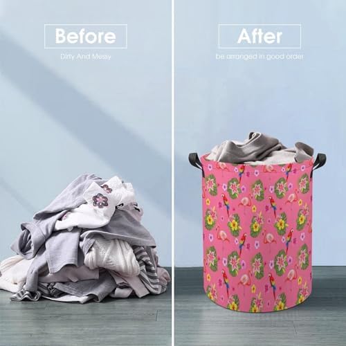 Portable Laundry Hamper with Handles Flamingos Flower Parrot Palm Pink Summer Holiday, Foldable Waterproof Clothes Basket for Bedroom, Nursery, and Bathroom Storage