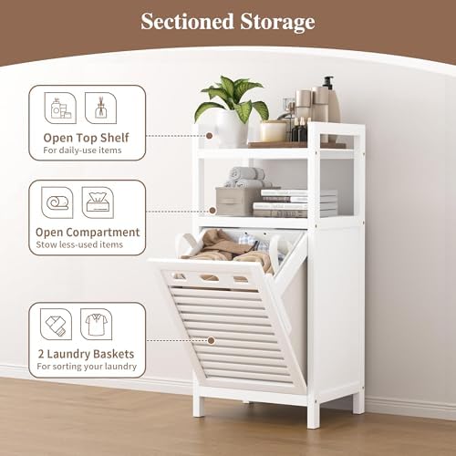 VASMIA Tilt Out Laundry Hamper,Bamboo Laundry Storage Cabinet with Shelf,10 Gal Hidden Laundry Basket Organizer for Bathroom,Laundry Room,White