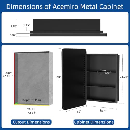 ACEMIRO 20x28 Inch Black Recessed Bathroom Medicine Cabinet with Mirror Metal Framed Farmhouse Surface Wall Mounted Mirrored Bathroom Medicine Cabinets