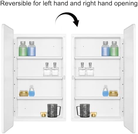 White 16 x 28 Wall Medicine Cabinet, Mirror with Adjustable Storage Shelves | White Bathroom Wall Cabinet with 3 Adjustable Plastic Shelves, Reversible Mirror Door & Hardware; Recessed/Surface Mounting