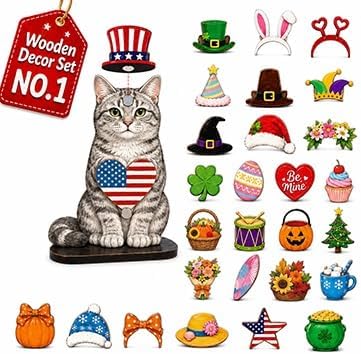 Interchangeable Seasonal Animal Wooden Decor Set | Magnetic Holiday Cat Dog Desk Sign Animals Figurines Tabletop Ornament to Dress up, Pet Magnetic Accessories with Hats(#D)