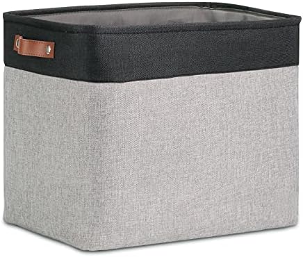 DULLEMELO Large Collapsible Storage Basket/Bin with Sturdy Leather Handles, Fabric Organizer Bin for Storage Clothes, Books, Office, Bedroom, Closet, Nursery & Laundry (Black&Gray)