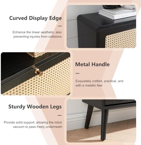Rattan Shoe Cabinet with 3 Flip Drawers, Black Slim Shoe Storage | 24 Pairs Narrow Freestanding Shoe Cabinet for Entryway, Curved Corner, Solid Wood Legs, Boho Style, Open Back Ventilation