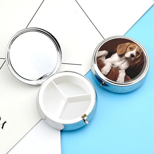 Portable Pill Box 3 Compartments, Small Round Metal Medicine Organizer for Pocket, Ovely Pet Dog Beagle Pill Case for Vitamins, Fish Oil, Supplement & Travel