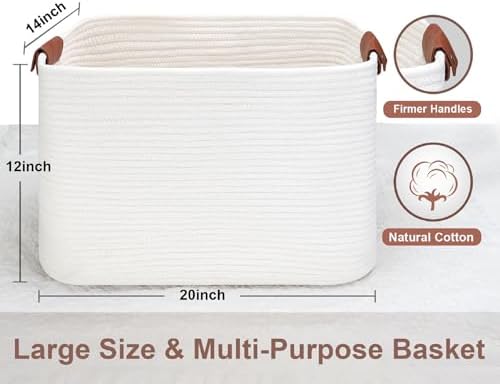 Large Cotton Rope Storage/Laundry Hamper Basket | Leather Handles, Durable & Stylish, Foldable, Handmade, Blanket/Toy/Nursery/Laundry/Living Room/Bathroom/Bedroom/Home Decor