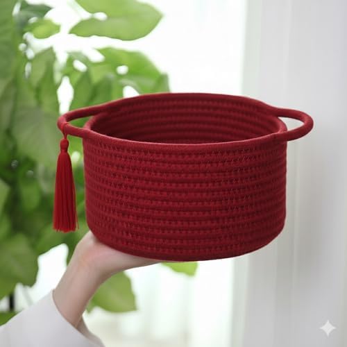 Small Gift Basket Empty to Fill with Cellophane Bag & Ribbon, Red | Cute Decorative Mini Woven Rope Basket with Handles for Gifting; Reusable for Bathroom Counter or Desk Catchall, 8 x 4.7 in