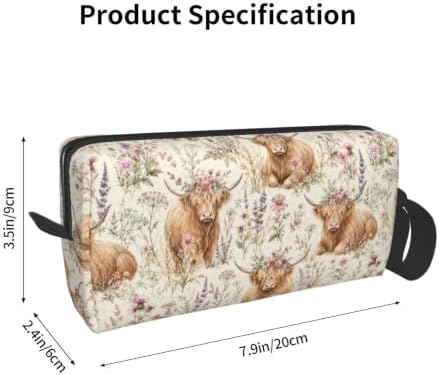 Highland Cow Wild Flowers Makeup Bag for Women | Small Travel Cosmetic Pouch with Zipper, Compact Makeup Organizer Bag for Purse, Toiletries, Skincare & Daily Essentials