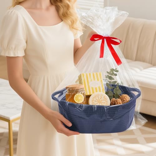 Woven Basket with Gift Bags and Ribbons, 14"X 10" X 6" Storage Basket Blue | Gift Storage Organizer Basket Bin Shelf Shelves Cotton Rope Basket for Nursery, Pet Toys