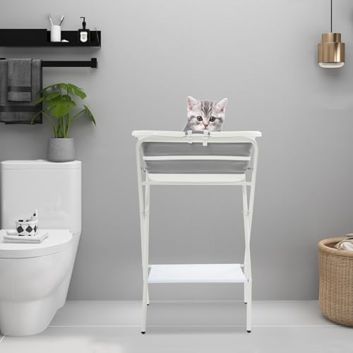 Dog Bathtub Washing Station for Small & Medium Dogs & Cats Indoor & Outdoor | Elevated Foldable Pet Bath Tub, Stand & Safety Belt, Bottom Storage Rack, Drain Plug & Brushes, Portable Raised Tub