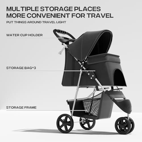 Foldable 3-Wheel Pet Stroller for Small/Medium Dogs & Cats, Black | Storage Basket & Cup Holder, Breathable Mesh Cover, Lightweight and Durable, for Small to Medium Pets, up to 33 lbs