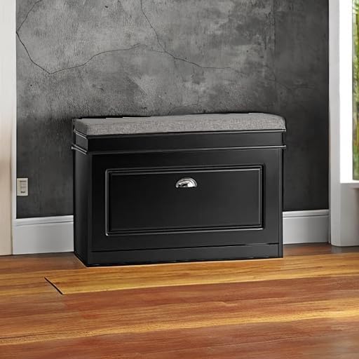 Haotian Shoe Storage Bench with Cushion | Black Narrow Shoe Rack for Entryway, Small Shoe Cabinet with Flip-Drawer, Closet Hallway Mudroom FSR82-L-SCH