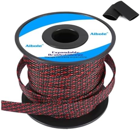 PET Expandable Braided Sleeving 100Ft-1 inch Wire Loom, Aibole Cable Sleeve Wrap,Black&Red BlackRed