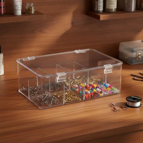 Quick-Access Clear Storage Bin with Adjustable Dividers, Medium PET Organizer Box for Tackle and Crafts, Easy-to-Clean Lidded Container (1 Pack)