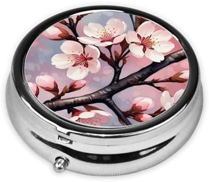 ZhongGuo Cherry Blossom Tree Branch Printed Pill Organizer,Round Travel Pill Organizer Mini Medicine Pill Box for Purse Iron Plating