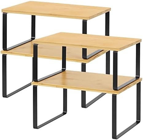 MOOACE Kitchen Cabinet and Counter Shelf Organizer, Stackable & Expandable, Set of 4, Black and Natural | Stackable & Expandable Spice Rack, Space-Saving Pantry Organizers Bathroom Countertop Storage, Natural and Black