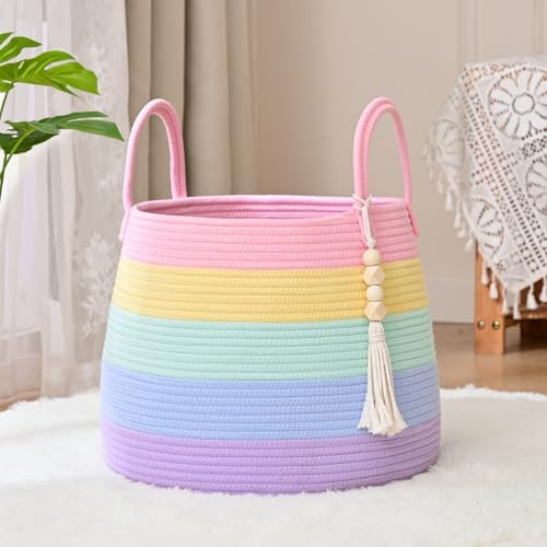 Large Nursery Hamper, 30L Blanket Basket with Handle, Baby Laundry Basket for Gift, Toy, Clothes, Woven Storage Basket with Wooden Bead Decor, Baby Hamper for Nursery (Black&Brown)