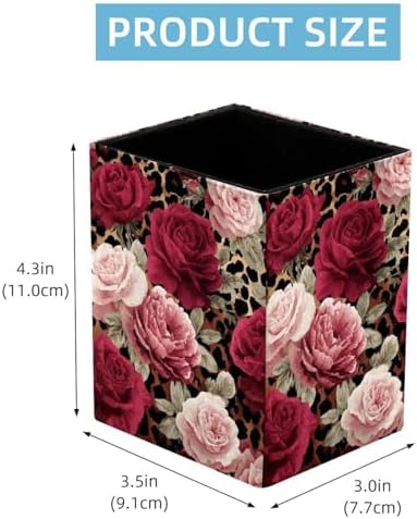 Leopard Print and Roses Pen Holder for Desk Decor, Rectangular PVC Leather Pencil Cup for Desk Pen Organizer, Makeup Brush Holder for School, Home, Office