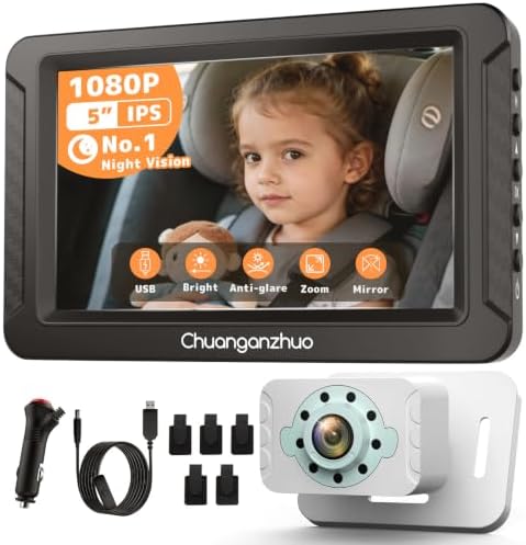 S100C Baby Car Camera with Crystal Clear Night Vision in Total Dark, USB Powered, Adjust Brightness & 1080P 5" IPS Monitor, 3X Zoom & 360° Rotating Car Seat Camera for Rear or Forward-Facing Infant