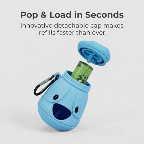 Dog Poop Bag Holder with Hands-Free Used Bag Clip & 1 Roll Bags | Cute silicone design with leash attachment and hands-free clip, making dog walking cleaner and more convenient outdoors