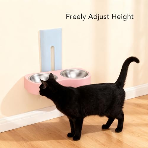 Wall Mounted Dog Bowls, Raised Cat Double Stainless Steel Bowl, Elevated Food and Water Bowls Kitten Feeding Dish Pet Feeder Station for Small Pets (Blue Pink)