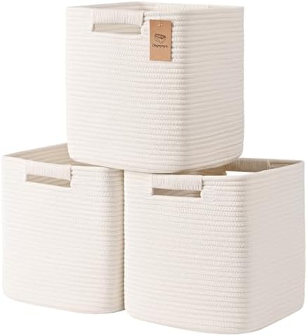 13 Inch Storage Cubes, 3 Pack Cube Storage Bins for Organizing, Cotton Rope Woven Baskets for Shelves, Bathroom, Kids Room, Closets, Baby Nursery