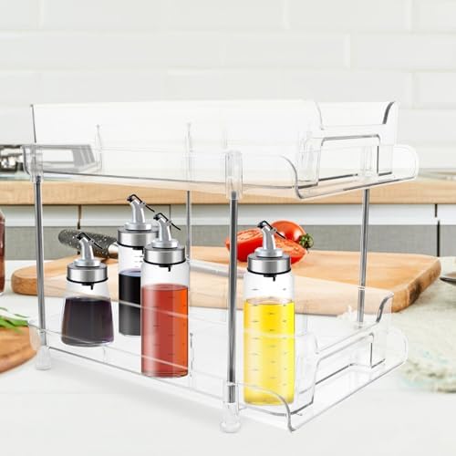 Didiseaon Bathroom Vanity Organizer Countertop with Slide-out Pull Drawer, Made of Pet and Stainless Steel, Desktop Placement Storage Rack for Bathroom and Kitchen Supplies
