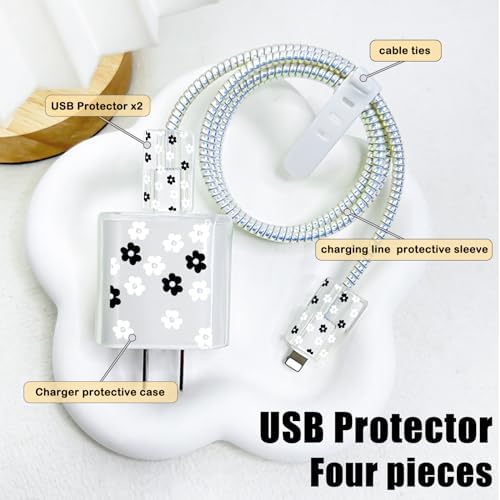 Cute Flowers Cable Protector for iPhone Adapter Charger,Kawaii Little Daisy Design, Soft TPU Clear Data Cable Case Data Line Cord Saver Charger Protective Case for iPhone 11 12 13 14 15 Pro Max