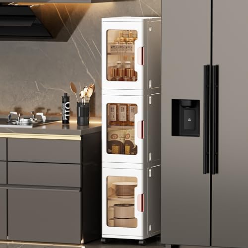 4-Tier Slim Tall Bathroom Storage Cabinet，Narrow Bathroom Storage Cabinet with Transparent Doors and Shelves, Suitable for Small Spaces, Bathrooms, Kitchens, Laundry Rooms,White (9.8x11.4x62.9)