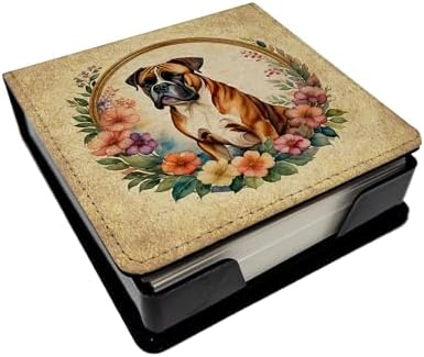 Caroline's Treasures Boxer and Flowers PU Leather Note Paper Holder with Artist-Designed Cover, Desk Accessory, Office Gift