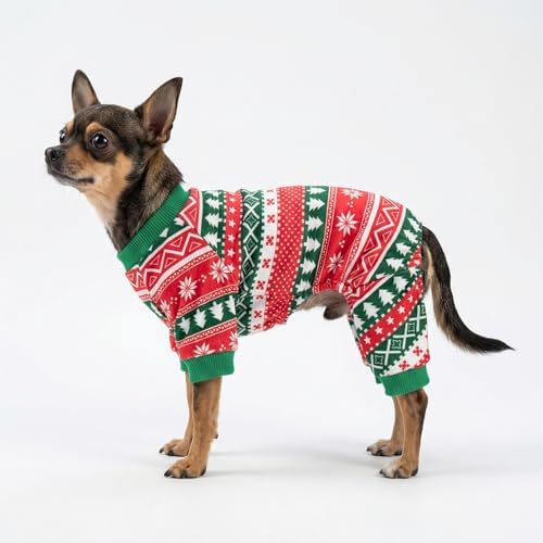 Fitwarm Dog Christmas Outfit, Holiday Pet Clothes for Small Dogs Boy Girl, Festive Pajamas with Feet, Puppy Onesie, Red, Green, XL