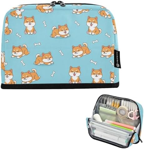 Emelivor Pets Dogs Shiba Blue Print Large Capacity Pencil Case Stand Up Pencil Pouch for School Office Aesthetic Pen Organizer Bag with Pockets Portable Stationery Bag for Kids Adults Boys Girls